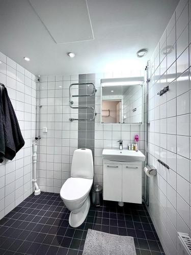 La salle de bains blanche est pourvue de toilettes et d'un lavabo. dans l'établissement Elegant Apartment In Lovely Location, à Göteborg