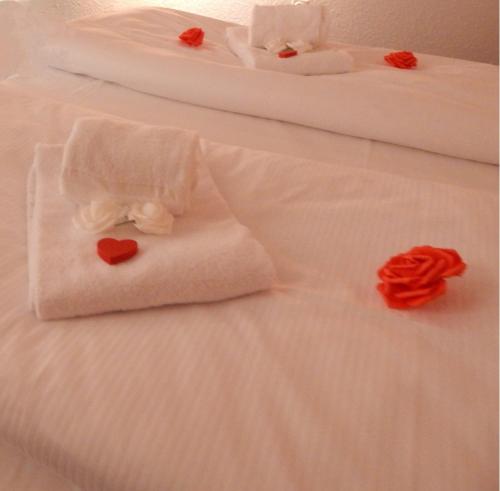 a white bed with red roses and hearts on it at Hotel Restaurant Schwane in Meßstetten