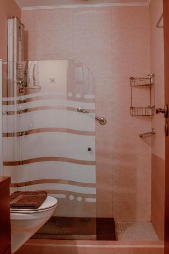 a bathroom with a shower with a toilet and a sink at Villa Kalamitsi Luxury Villa in Apokorona Chania in Kariá
