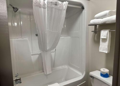 a bathroom with a shower with a shower curtain at Days Inn by Wyndham Valdosta I-75 in Valdosta