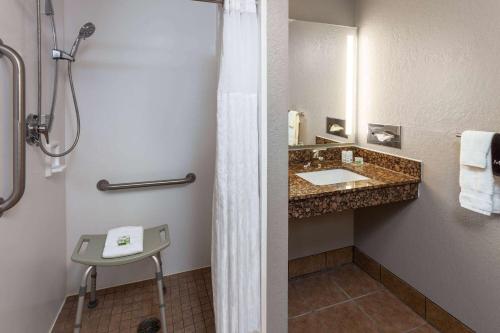a bathroom with a sink and a mirror at AmericInn by Wyndham New Richmond in New Richmond