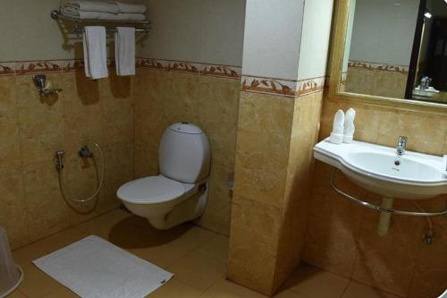 a bathroom with a toilet and a sink at HOTEL SKY PARK in Mattanūr