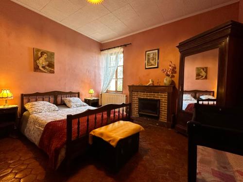 a bedroom with a bed and a fireplace at Chez Jeanne in Arnay-le-Duc