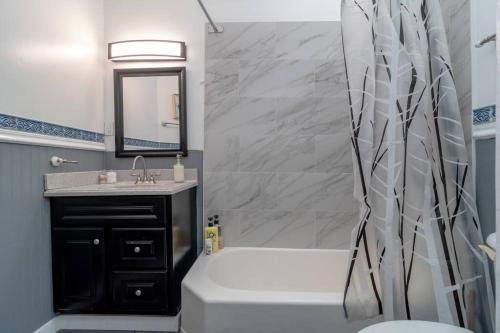 a bathroom with a shower and a sink at Historical 5 Bedroom Villa that sleeps 12 guests with Patio, Fireplace, Grill and FREE parking in Chicago