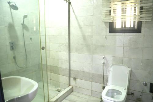 a bathroom with a shower and a toilet and a sink at 1164 Residence Apartment in Abuja