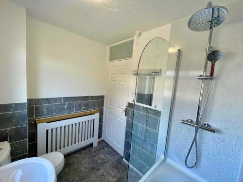 a bathroom with a shower and a toilet and a sink at Leominster 3 Bedroom House, Private Parking and Garden in Leominster