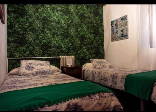 a bedroom with two beds and a green wall at Camino y Leyenda in Trabadelo