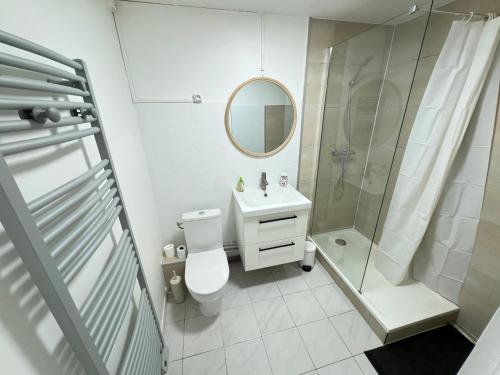 une salle de bain avec toilettes, douche et lavabo dans l'établissement Le ROUSTAN - Halles à 2 mins - WIFI - CLIM, à Sète