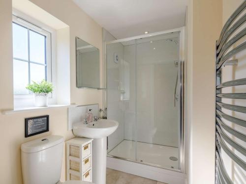 a bathroom with a shower and a toilet and a sink at 2 Bed in Melton Constable 75761 in Briston