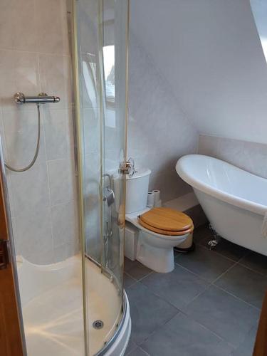a bathroom with a shower and a toilet and a sink at Top Floor Flat Ceol Na Mara (Music of the Sea) in Rosemarkie