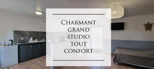 een bord dat zegt: grand studio tour comfort in een keuken bij Appartement Cosy Le Boutet in Charleville-Mézières