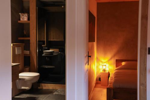 uma casa de banho com uma cama e um WC num quarto em Ambiance montagne, à deux pas de la gare em Cluses