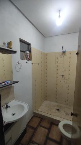 ein Bad mit einem Waschbecken, einer Dusche und einem WC in der Unterkunft Casa do Edivaldo in Rio de Contas