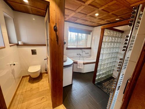 a bathroom with a toilet and a sink and a tub at Hôtel La Garenne in Saverne