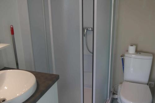 une salle de bain avec un lavabo, des toilettes et une douche dans l'établissement Appartement NOIRMOUTIER, à La Bernerie-en-Retz