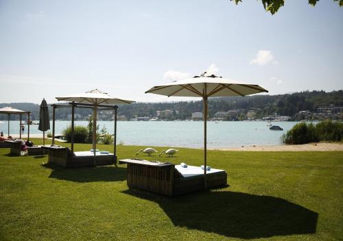 a group of umbrellas sitting on the grass near the water at Villa Bulfon in Velden am Wörthersee