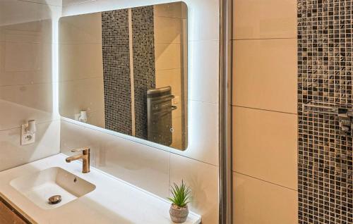 uma casa de banho com um lavatório e um espelho em Residentie Zeezicht em Oostende