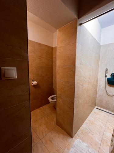 a bathroom with a toilet and a shower stall at Apartmány Teddy Bojnice in Bojnice