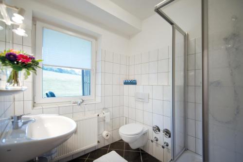 a bathroom with a sink and a toilet and a window at Haus am Kurpark in Bad Driburg