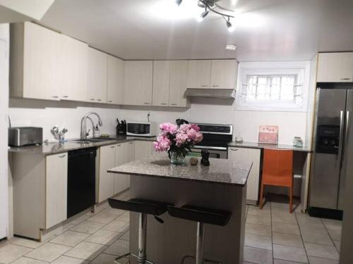 a kitchen with a counter with a vase of flowers on it at Comfortable 2-bedroom, private kitchen and bathroom in Montreal