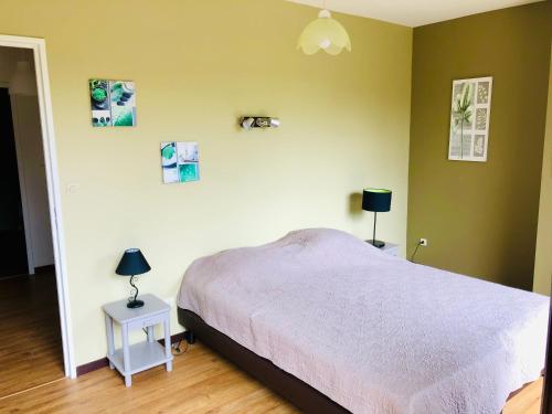 a bedroom with a bed and two tables with lamps at Au Songe du Valier- Chalets in Seix