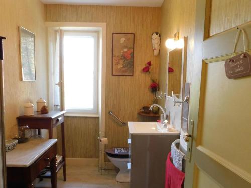 a bathroom with a sink and a toilet and a window at Cottage in Auvergne near Puy Mary in LʼHôpital