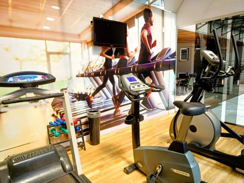 a gym with a treadmill and models on a wall at Hotel Riviera in Araçatuba