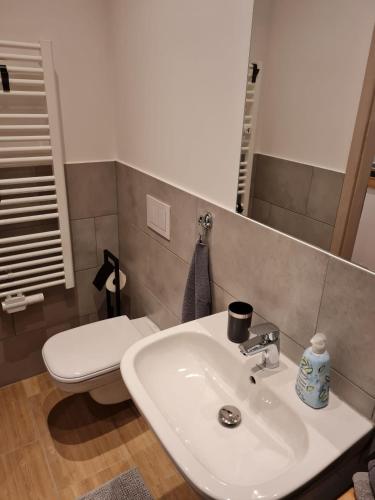 a bathroom with a white sink and a toilet at City Pension Zwickau in Zwickau