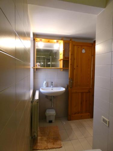 a bathroom with a sink and a mirror and a toilet at Scappo in Umbria, Casale Piccino in Collicello