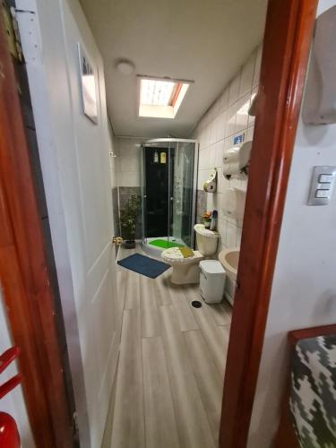 uma casa de banho com um chuveiro, um WC e uma banheira em Hospedaje JUALIC em Valdivia