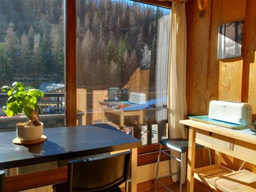 a room with a window with a table and a laptop at Très agréable 2 pièces au pied des pistes in Valdeblore