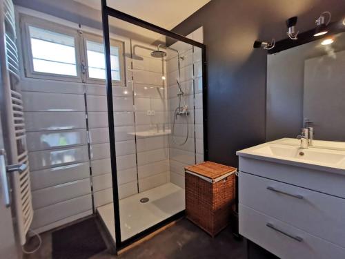 une salle de bain avec douche et lavabo dans l'établissement Millerand maison climatisation 3 chambres jardin et stationnement proche intra muros, à Avignon