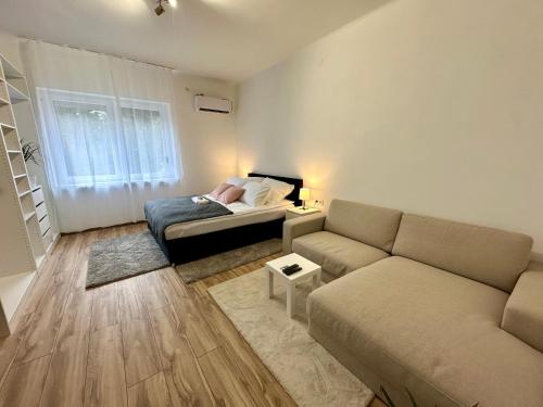 a living room with a couch and a bed at Mate Gold Apartment in Szeged