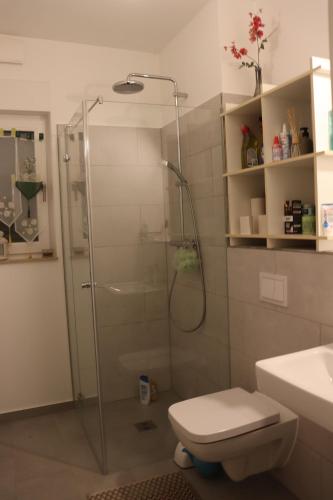y baño con ducha, aseo y lavamanos. en Cosy room near Berlin and close to Tesla Factory in Brandenburg 