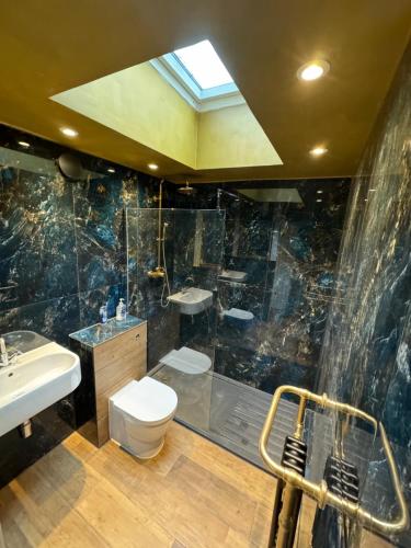 a bathroom with a shower and a toilet and a sink at Absolute Clapham in London