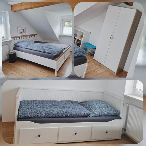 a bedroom with a bed and a white cabinet at Ferienwohnung Ludwigshöhe in Kempten