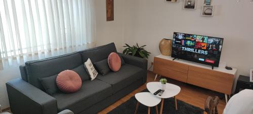 a living room with a couch and a flat screen tv at Casa Maia Kosmaj in Dučina