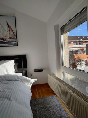 1 dormitorio con cama y ventana grande en Apartman Visnjica, en Rospi Ćuprija