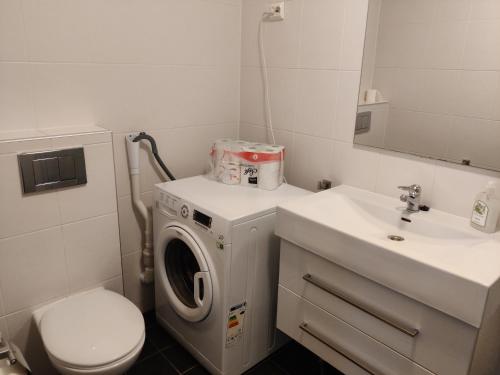 een badkamer met een wasmachine en een wastafel bij Feelhome Borgtun One bedroom cozy apartment in Tromsø
