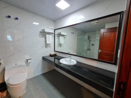 La salle de bains est pourvue de toilettes, d'un lavabo et d'un miroir. dans l'établissement glory 3 hotel 北宁格洛瑞3好酒店, à Bồ Sơn