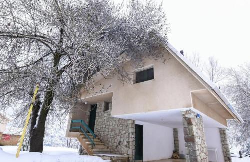 a house in the snow with a tree at Private Mountain House in Laklouk - 1 Bedroom in Ad Dā‘ūq