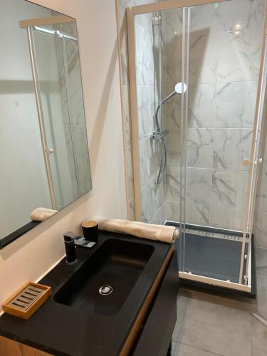 uma casa de banho com um lavatório preto e um chuveiro em Résidence Le Gond em Le Gond