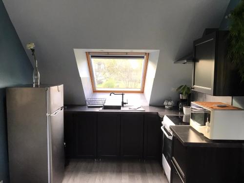 a kitchen with a refrigerator and a window at gîte de la scierie in Saint-Gâtien-des-Bois