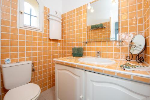 une salle de bain avec toilettes, lavabo et miroir dans l'établissement La Joliette - Parking privé et piscine partagée, à Cabris