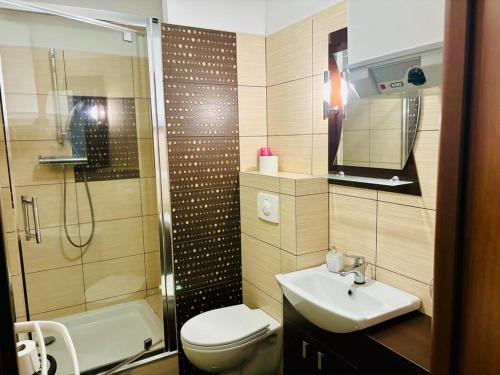 a bathroom with a toilet and a sink and a shower at Apartament nr 39 Baltic Park in Stegna
