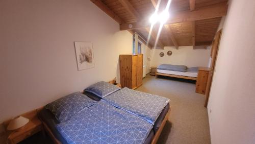 sypialnia z 2 łóżkami i lampką na suficie w obiekcie Ferienhaus am See Lichtenberg Bayern Frankenwaldsee w mieście Lichtenberg