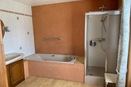 een badkamer met een bad en een douche bij ALSACE GITE 5 PERSONNES - 3 CHAMBRES - 2 SDB in Buhl