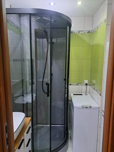 a bathroom with a shower and a washer and dryer at Apartament 3 pokoje in Słupsk