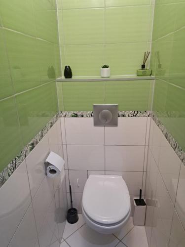 a bathroom with a white toilet and a green wall at Apartament 3 pokoje in Słupsk