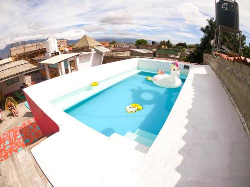 a swimming pool with a swan and a swan float at Maka Hostel in Oaxaca City